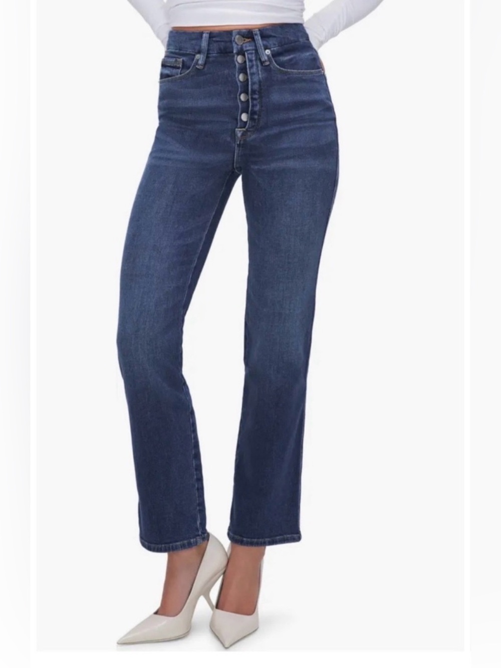 Good American High Rise Button-Fly Straight Leg Jeans - Dark Indigo